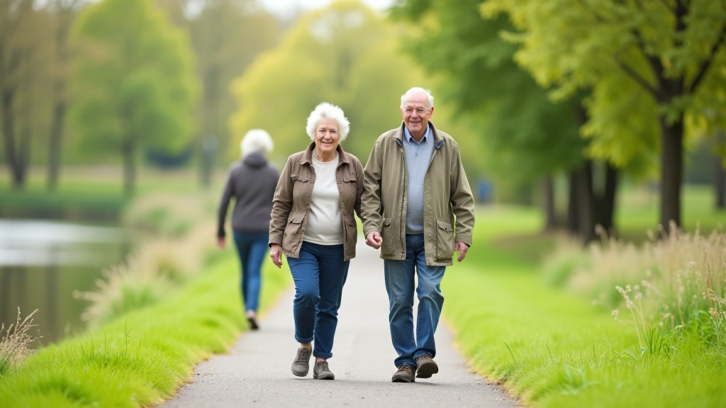 Active older adults walking together on riverside path with visible enjoyment and good form