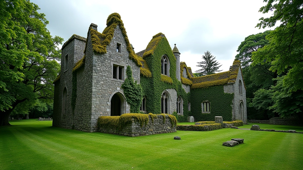 Medieval stone abbey ruins surrounded by trees and overgrown vegetation with clear sky visible above the historic structure