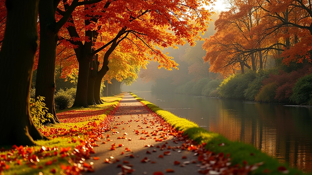 Autumn riverside promenade with golden and red foliage reflected in calm water, fallen leaves on path, warm sunset lighting