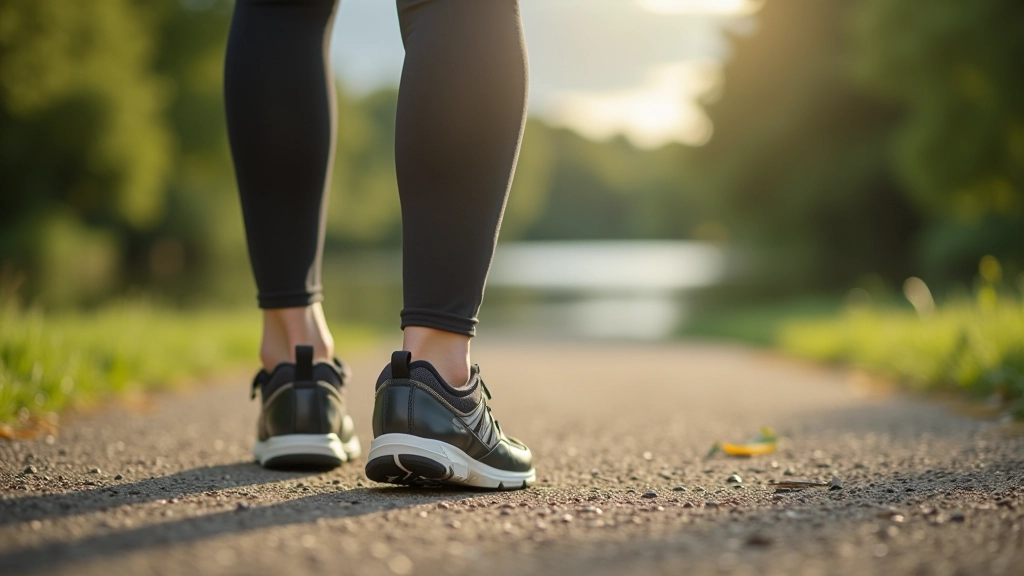 Closeup of walking shoes on a paved riverside path with natural foliage, showing proper foot position and trail quality