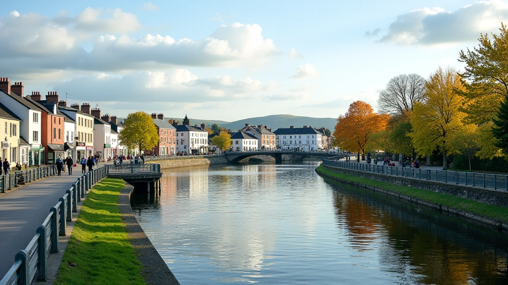 Ennis riverside promenade with riverside walkway and town buildings visible along the water's edge