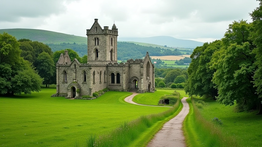 Historic Clare Abbey ruins surrounded by green countryside landscape with walking trail visible