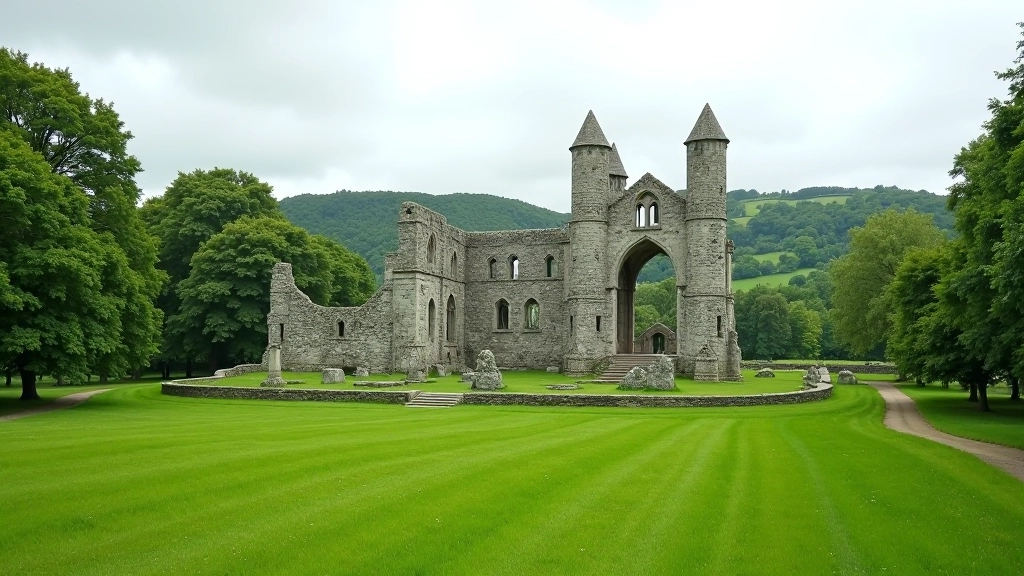 Clare Abbey ruins and surrounding landscape