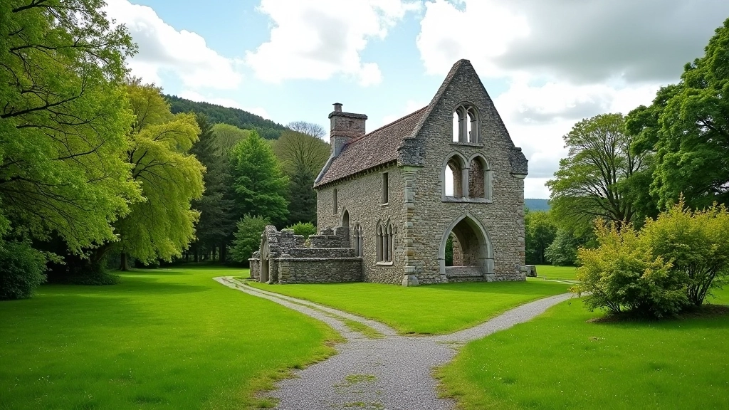 Historic Clare Abbey stone ruins with surrounding green landscape and walking path nearby