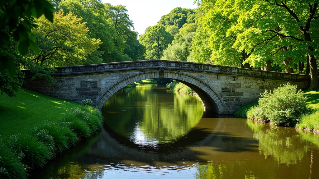 Historic stone bridge spanning river with water below and greenery on both sides, architectural detail, clear weather