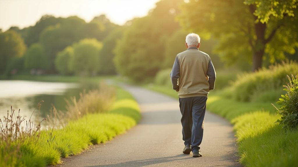 Older adult walking outdoors on a riverside path demonstrating active and healthy walking posture with scenic background