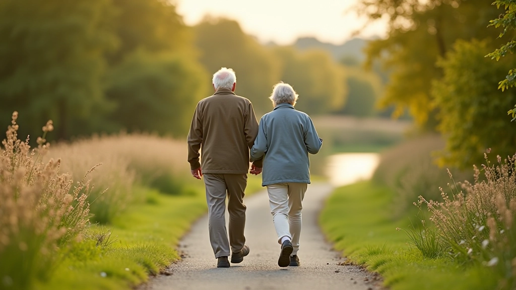 Older adults walking together on a riverside path, demonstrating safe practices