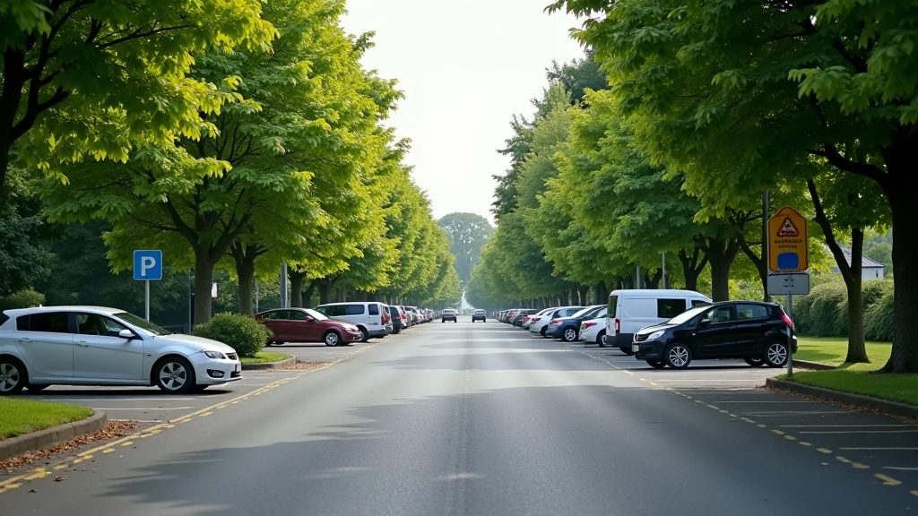 Parking area entrance with directional sign and row of parked cars, tree-lined street, bright daylight