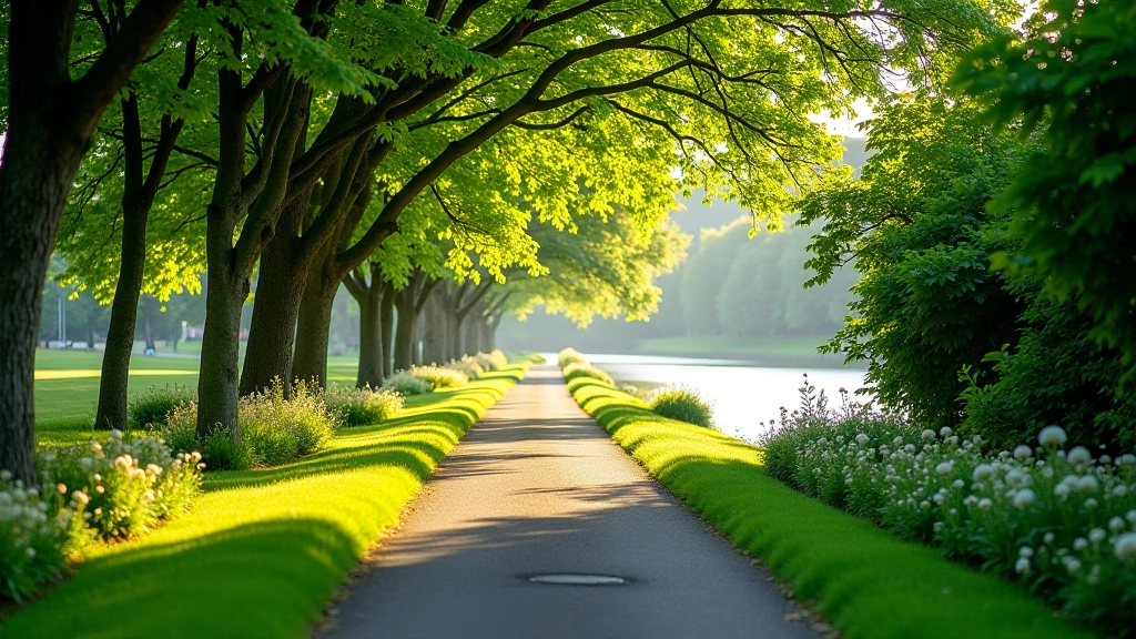 Peaceful riverside path lined with green trees and flowering plants at the Ennis Riverside Promenade, morning light filtering through leaves