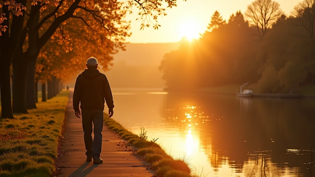 Person walking along a peaceful riverside promenade during golden hour, trees reflecting in calm water, autumn foliage visible