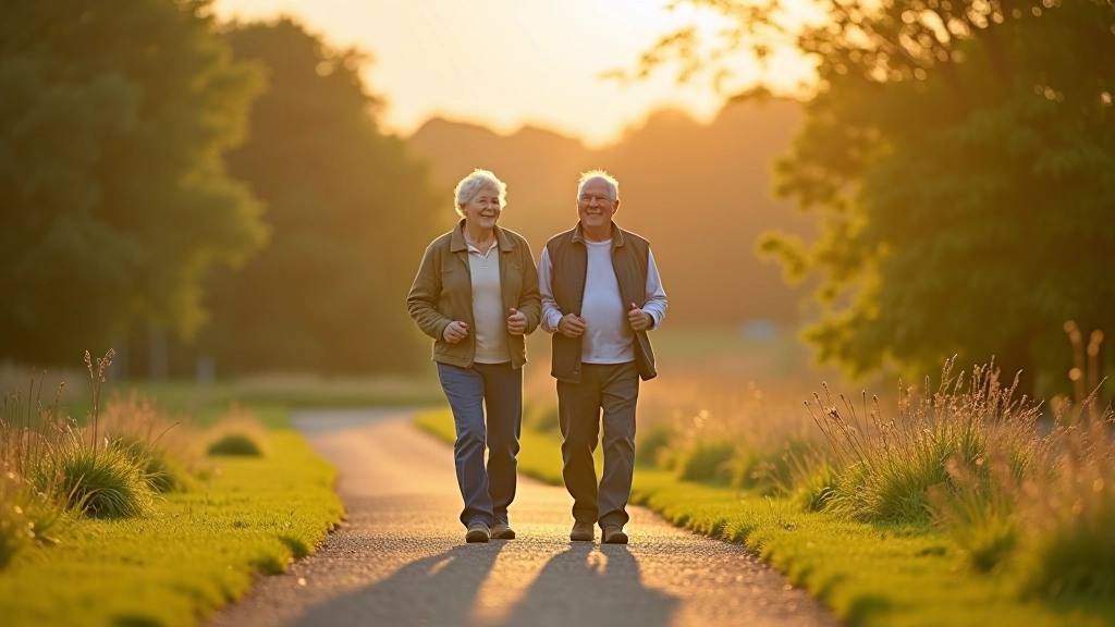 Retired couple walking together on a scenic riverside path during morning light, both smiling and enjoying the natural surroundings