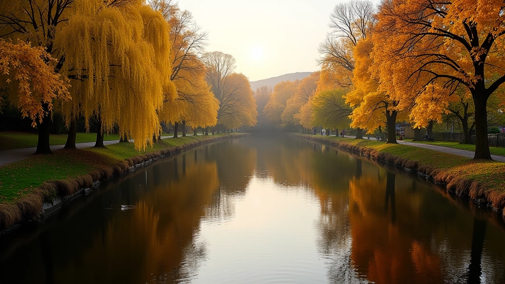 Riverside landscape during autumn with golden foliage reflecting in calm water, peaceful walking atmosphere