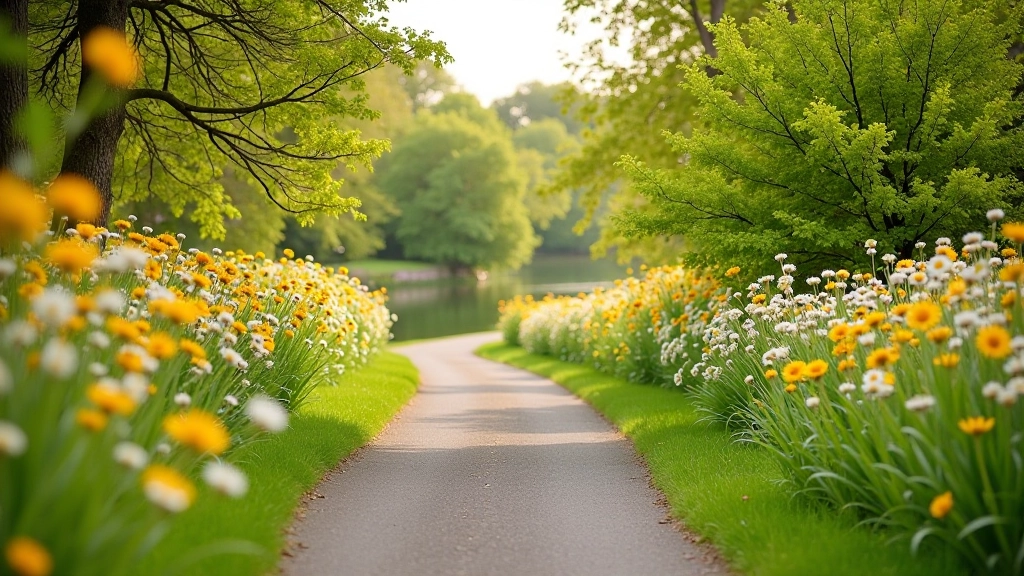 Riverside path in spring with blooming flowers and fresh green foliage