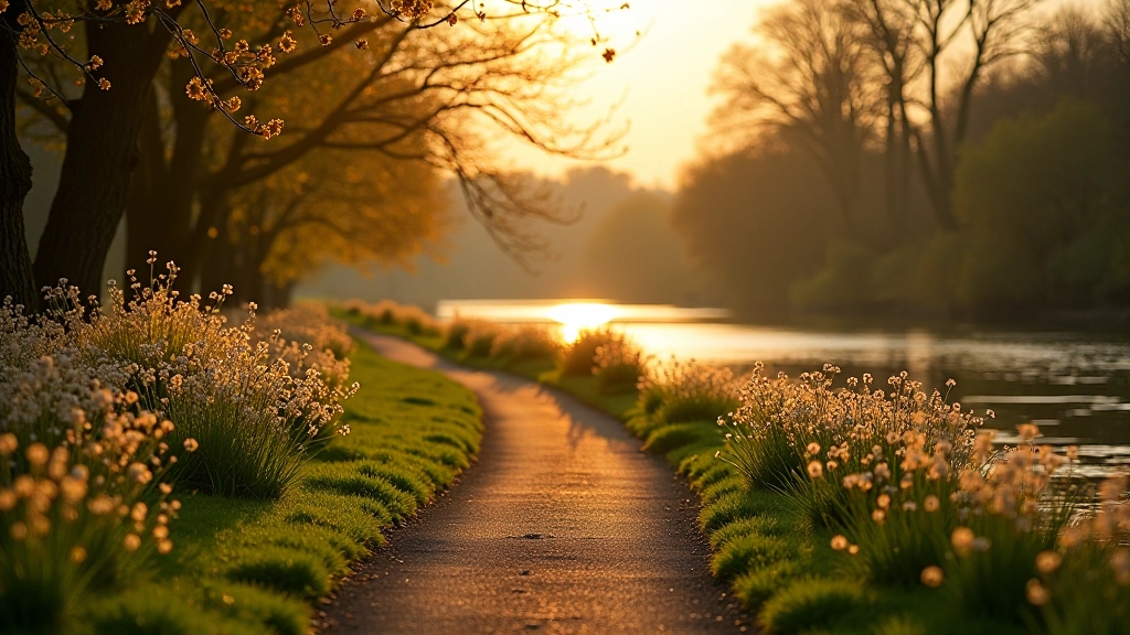 Riverside path with spring flowers blooming along the banks during golden hour lighting