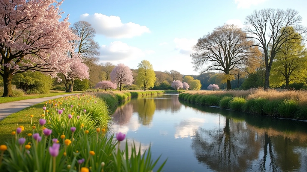 Scenic riverside landscape showing seasonal variation with blooming flowers and clear sky during spring weather conditions