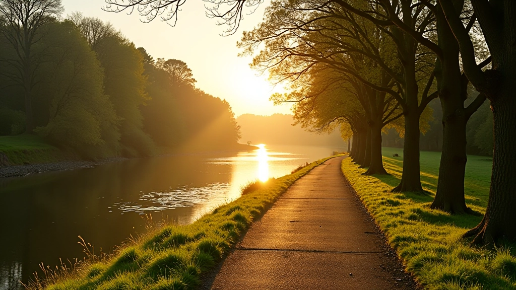 Scenic riverside promenade in Ennis with walking path alongside river during golden hour