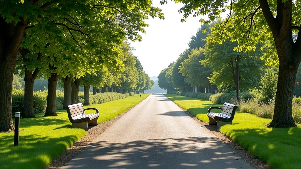 Scenic view of the Ennis Riverside Promenade entrance with benches and walking path stretching ahead
