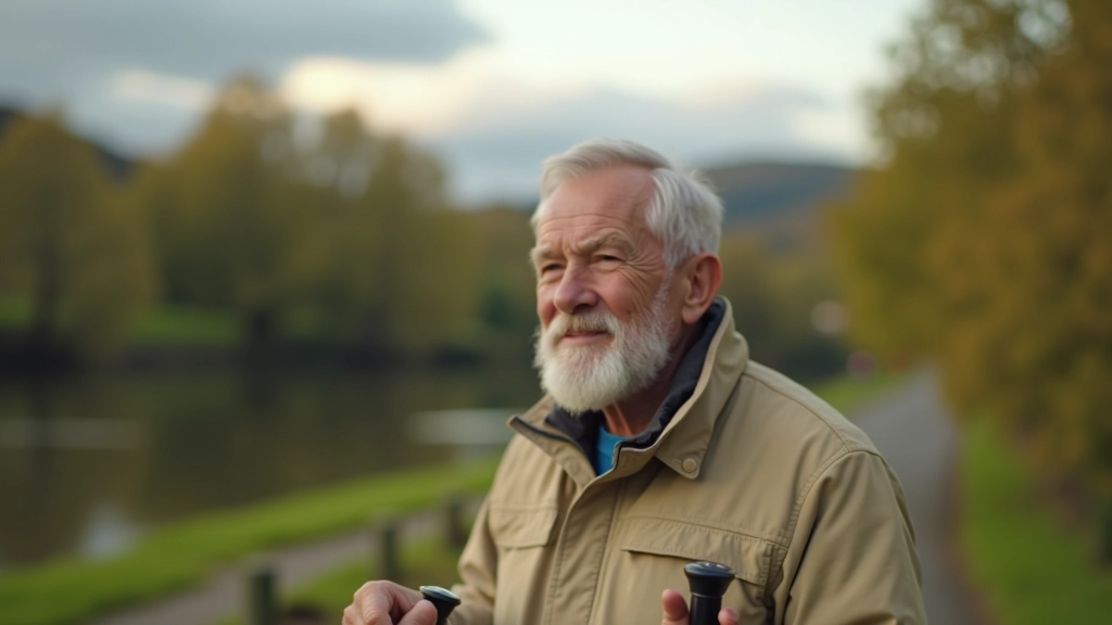 Active senior man with walking poles on a well-maintained riverside trail, showing proper posture and engagement, natural daylight
