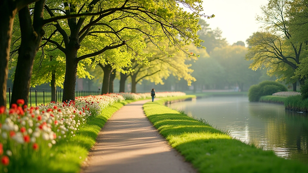Spring riverside path with fresh green foliage and flowering wildflowers along the water's edge, morning mist visible