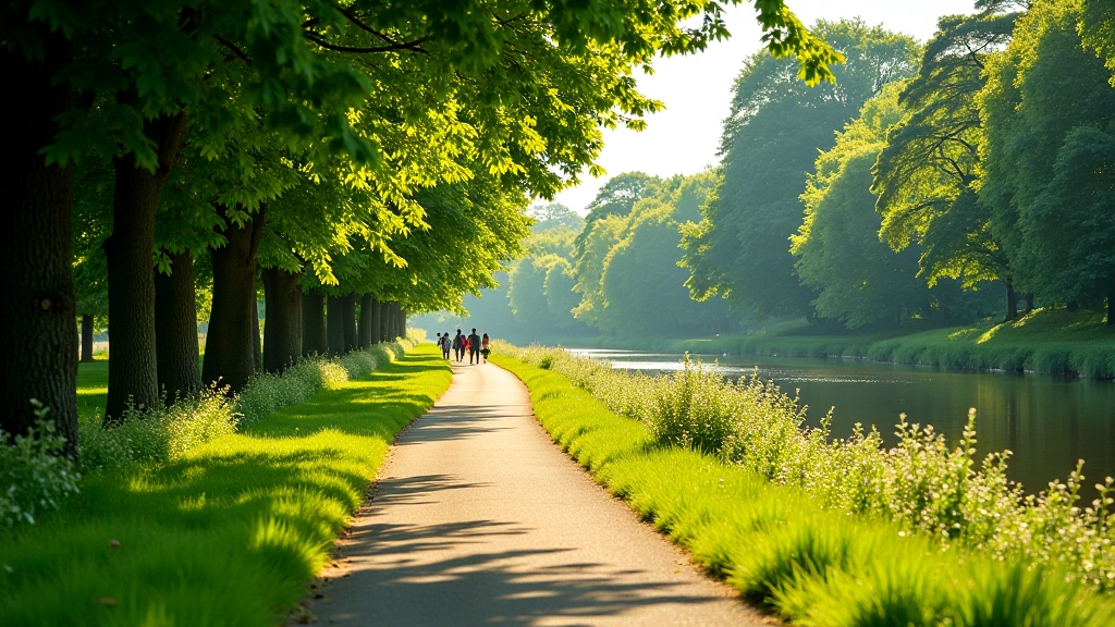 Summer riverside walk with lush green vegetation, bright sunlight creating dappled shadows on the path, people enjoying the weather