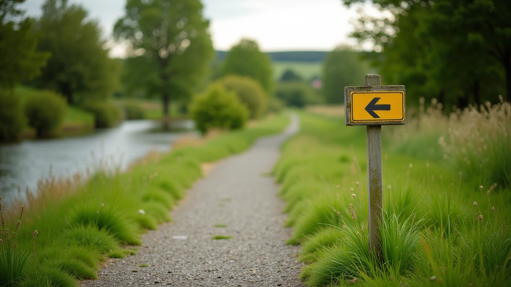 Well-maintained walking trail path with clear directional markers and scenic riverside landscape in the background during daytime