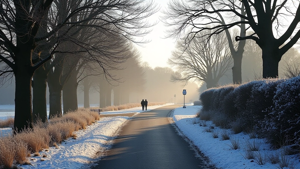Winter riverside path with frost-covered grass and bare trees, clear cold morning light, solitary walker in the distance