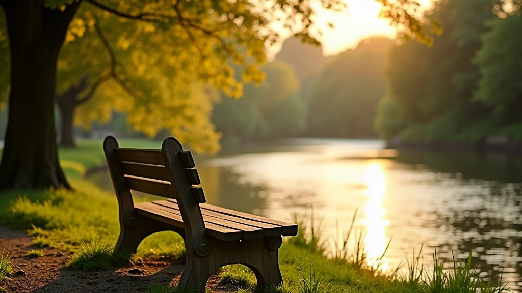 Comfortable wooden bench overlooking river with water reflections, peaceful natural setting, afternoon light
